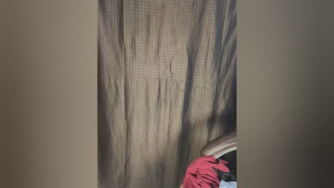 Media: A video shows a beige, perforated fabric ceiling with water damage streaks, partially covering a red cloth and a white object, likely a chair, in a dimly lit room.