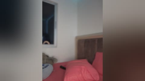 Media: A blurry video of a small, dimly-lit bedroom with a white wall, a small window, a pink bed with a brown headboard, and a black remote control on the bed.