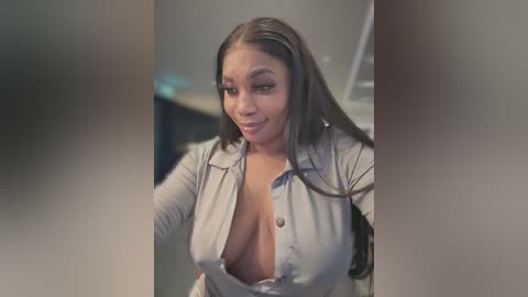 A video of a smiling Black woman with long, straight hair, wearing a light gray button-down shirt unbuttoned to reveal her large breasts, in an indoor setting.