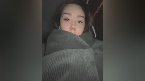 Media: Video of an Asian woman with long dark hair partially covered by a gray blanket, sitting in a car, wearing a dark sweater.