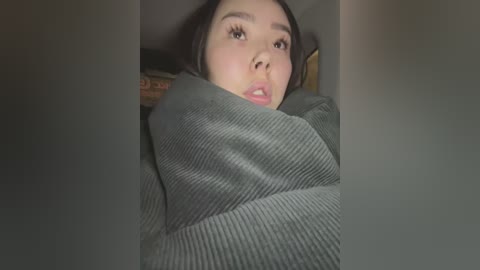 Media: A close-up video of a young woman with fair skin and dark hair partially wrapped in a gray blanket. Her face, with soft features, is partially visible, showing concern or distress. The background is blurred and dimly lit, creating a somber atmosphere.