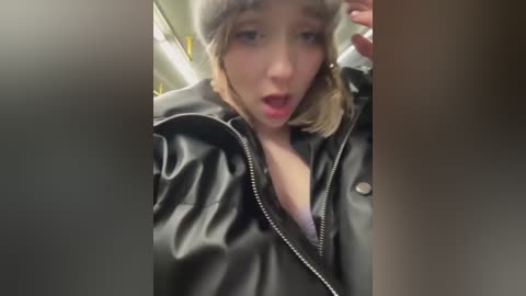 Media: Video of a young woman with light skin and short brown hair, wearing a black leather jacket and holding a phone to her ear, looking surprised. Background blurred.