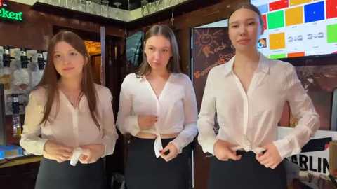 Media: Video of three young women with light skin, wearing white blouses and black skirts, standing in a dimly lit bar with colorful wall art and a neon \"Ketel One\" sign.