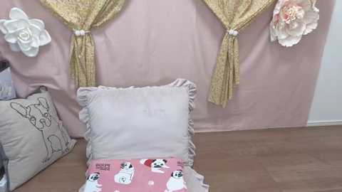 Media: A video of a cozy bedroom corner with pink curtains, a golden floral tapestry, white and pink pillows adorned with cartoon dog images, and a beige pillow featuring a dog drawing.