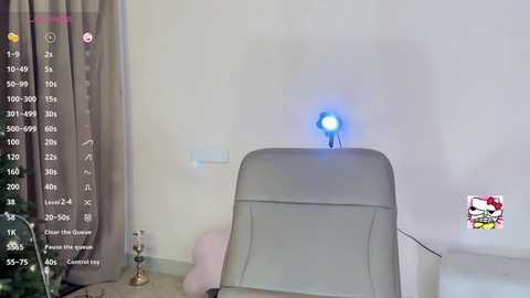 Media: A video of a dimly lit room with a beige chair and a glowing blue lightbulb on a table, showing a digital overlay of a chat window with user information.