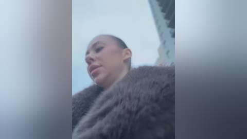 Media: Video of a woman with pale skin and dark hair, wearing a fur coat, standing in a blurred, cold, winter setting.