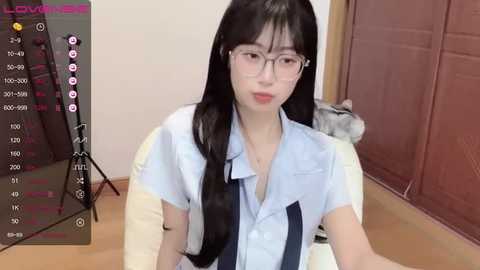 Media: Video of an East Asian woman with long black hair, glasses, and a light blue blouse, seated on a chair in a dimly lit room, with a webcam and virtual background.