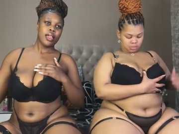 Media: Video of two plus-sized Black women in matching black lingerie, one with braids, the other with an afro, sitting on a bed, smiling and playing with their bras.