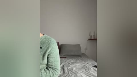 Media: A video of a sparsely furnished, minimalist bedroom with a person wearing a green fleece jacket and a gray pillow visible on a bed against a plain white wall.