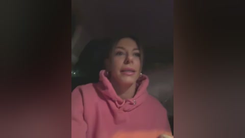 Media: A dimly lit video captures a woman with fair skin, dark hair, and pink hoodie, looking slightly upward, her expression neutral.