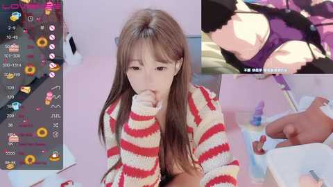 A video montage featuring a young woman with long brown hair and fair skin, wearing a striped sweater, looking tired. The background shows a pink room with a bed and a close-up of her black panties.