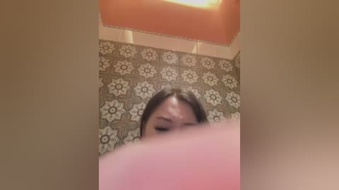 Media: A video of a woman with light skin and long brown hair, partially obscured by a hand in the foreground, standing in a bathroom with orange ceiling and patterned beige and brown tile walls.