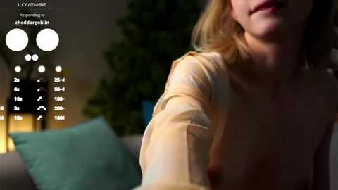 Media: Video of a topless woman with fair skin and blonde hair, wearing a sheer top, in a dimly lit room with a green cushion and a lamp in the background.