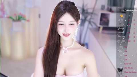 Media: Video of a young East Asian woman with long, straight brown hair, fair skin, and medium-sized breasts, wearing a strapless white dress and pearl necklace. Background shows a bright, minimalist room with a potted plant.