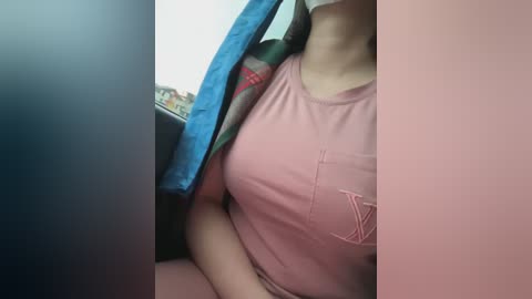 Media: Video of a light-skinned woman wearing a pink t-shirt with a V-shaped pocket, sitting in a car with a blue seatbelt and green upholstery, taken from an angle emphasizing her torso and upper thighs.