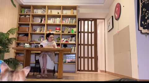 Media: A video of a woman in a white dress sitting at a wooden desk in a book-filled room with a large wooden door and a green plant.