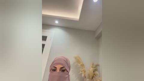 Media: A video of a woman with a light brown complexion, wearing a pink hijab, standing in a modern, minimalist room with beige walls and a white door. The ceiling features recessed lights, and there are decorative dried grasses in the background.