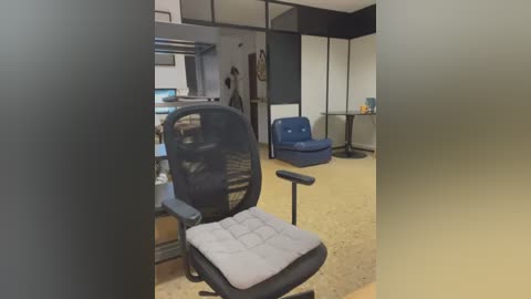 Media: Video of a minimalist office space featuring a black mesh office chair with a gray cushion, blue lounge chair, and beige carpet. The walls are white with black trim, and there are cubicles and a desk in the background.