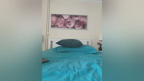 Media: Video of a bedroom with a teal bedspread, a dark pillow, a white headboard, and a framed floral print on the beige wall.