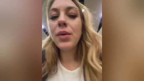 Media: A video of a young woman with light skin and long blonde hair, wearing a white shirt, captured from the chest up. The background is blurred and indistinct.