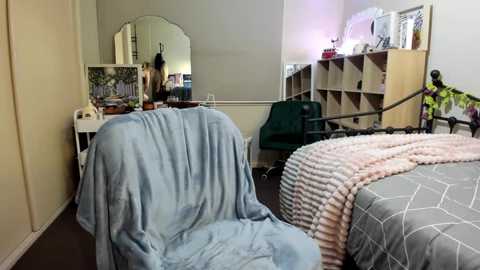 Media: Video of a cozy, cluttered bedroom with a light blue blanket draped over a chair, beige walls, a green armchair, a white-framed mirror, and a wooden bookshelf with a pink lamp.