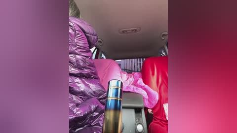 Media: Video of an open car trunk with a woman in a purple puffy jacket, a pink blanket, and a red jacket, alongside a blue and silver champagne bottle.