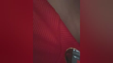 Media: A close-up video of a red and beige fabric, likely from a garment, featuring a textured weave. The image is blurry, making it difficult to discern specific details.