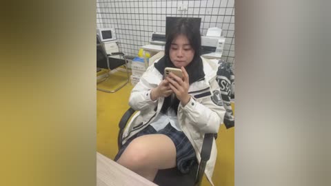 Media: Video of an East Asian woman with long black hair, wearing a white jacket and short plaid skirt, sitting on a yellow chair in a cluttered office with tiled walls, computers, and papers.