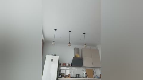 Media: Video of a minimalist kitchen with white walls and cabinets, three pendant lights, a white refrigerator, and stainless steel appliances, featuring a modern and clean design.