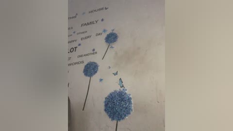 Media: Video of a white wall with a blue and white collage of hand-drawn dandelion puffballs and butterflies. Text \"FAMILY\" in black is scattered across the wall, with \"LIFE\" prominently displayed.