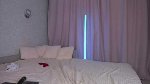 Media: A video of a modern bedroom with a bed dressed in white linens, two pillows, and a red object on the bed. The background features a large window with sheer curtains, partially lit with a blue light strip.