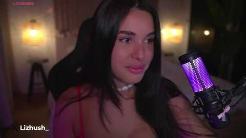 Media: Video of a young woman with long black hair, wearing a sheer red top, sitting in a dimly lit room with a purple light on a microphone stand.