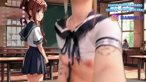 Media: This image is a digitally rendered scene from a video game. It features a young female student with brown hair in a ponytail, wearing a sailor school uniform, and a blurred male figure in a white shirt.