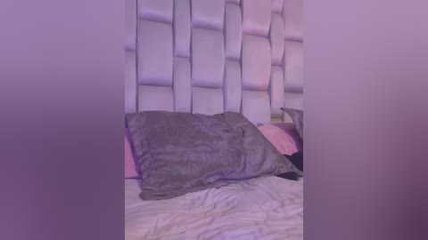 Media: Video of a bed with a tufted white headboard, gray and pink pillows, and a gray blanket, set against a soft purple-lit room background.