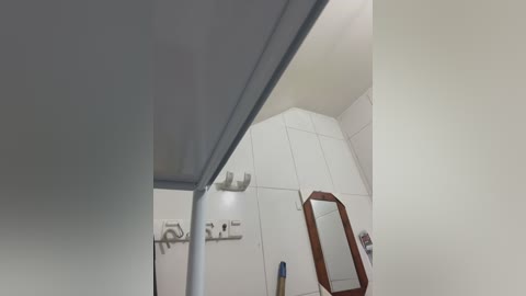 Media: Video of a compact, white-tiled bathroom with a curved ceiling, featuring a mirror, wooden-framed medicine cabinet, and a white wall-mounted sink with a stainless steel faucet. The image has a slight fisheye lens distortion.