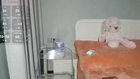 Media: A video of a hospital room with a white bed, an orange blanket, a small white teddy bear, a smartphone, and a thermometer on a clear glass bedside table.