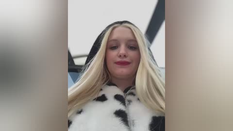 Media: Video of a young Caucasian woman with long, straight blonde hair, wearing a black and white cow print hoodie, standing indoors with a blurred background.