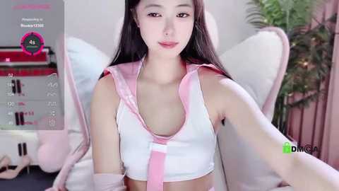 Media: Video of an Asian woman with long black hair, wearing a revealing white crop top and pink necktie, sitting on a plush chair in a pink room.