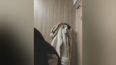 Media: A video of a beige wooden-paneled bathroom with a fluffy white towel hanging on a hook. A dark-haired person is partially visible in the foreground.