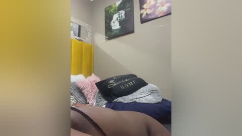 Media: Video of a messy bedroom with a bed covered in clothes and pillows. A black pillow with \"Home Sweet Home\" text lies against a yellow wall, while a purple and green floral painting hangs above.