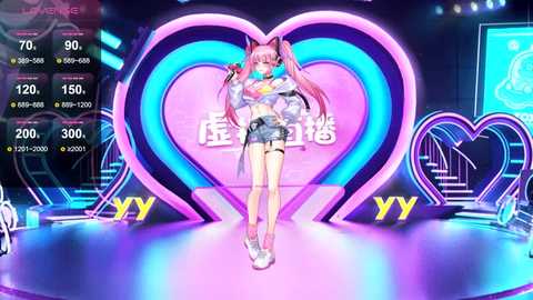 Media: A vibrant digital anime-style illustration of a young woman with pink hair, cat ears, and a futuristic outfit, standing on a stage with a heart-shaped backdrop and glowing neon lights.