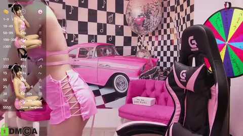 Media: A vibrant video of a woman in pink lingerie, standing beside a pink gaming chair and a pink car, in a retro-themed room with a black-and-white checkered floor and a colorful pinball machine.