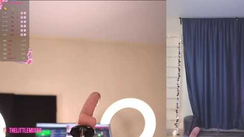 Media: Video of a man holding a black dildo in a bedroom with a round mirror light, beige wall, and blue curtains.