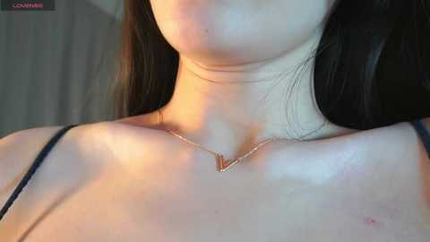 Media: Video of a woman's upper chest and neck, showing a delicate gold necklace with a heart pendant. She has pale skin and straight, dark hair. The background is blurred, possibly indoor, with soft lighting.