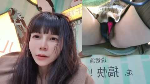 Media: Video of a young Asian woman with long black hair and fair skin, wearing a beige sweater, looking at a magazine featuring an image of a woman's exposed buttocks in a black thong.