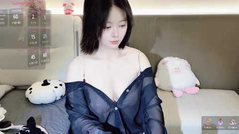 Media: A video of an East Asian woman with shoulder-length black hair, wearing a sheer blue blouse that reveals her cleavage, sitting on a beige sofa surrounded by stuffed animals.