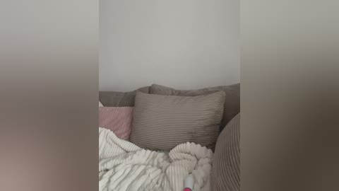 Media: A video of a cozy, messy living room corner with a beige couch, two beige and one pink pillow, and a white knitted blanket draped over the cushions. The background is a plain white wall.