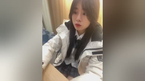 Media: A video of an Asian woman with long black hair, wearing a white jacket and plaid skirt, sitting on a wooden table, looking worried.