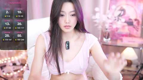 Media: A young Asian woman with long black hair and fair skin, wearing a pink crop top, gestures with her hands in a soft, pastel-colored bedroom setting.