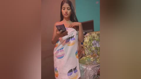 Media: A video of a young woman with long black hair, wearing a colorful, patterned towel, standing in a dimly lit room with a green wall and a colorful patterned chair in the background.